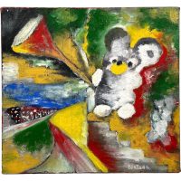 Vintage French Mouse Abstract Oil Painting On Canvas Signed Portada c1970-80's