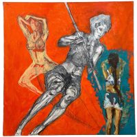 Vintage French Woman Willing Athlete Javelin Pole Vault Portrait Abstract Acrylic Painting On Canvas c1990's