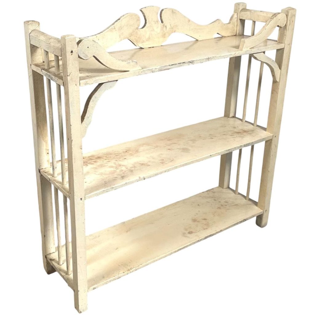 Vintage French Homemade White Wooden Triple Shelf Self Standing Display Cabinet Stand circa 1940-50's