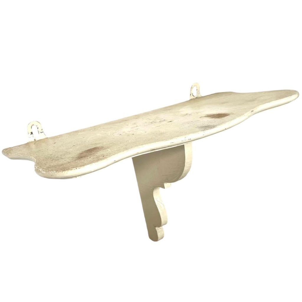 Vintage French Wooden Wall Hanging Shelf Painted Cream White Wood Ornate Shelf Rack Mounted Display circa 1950's
