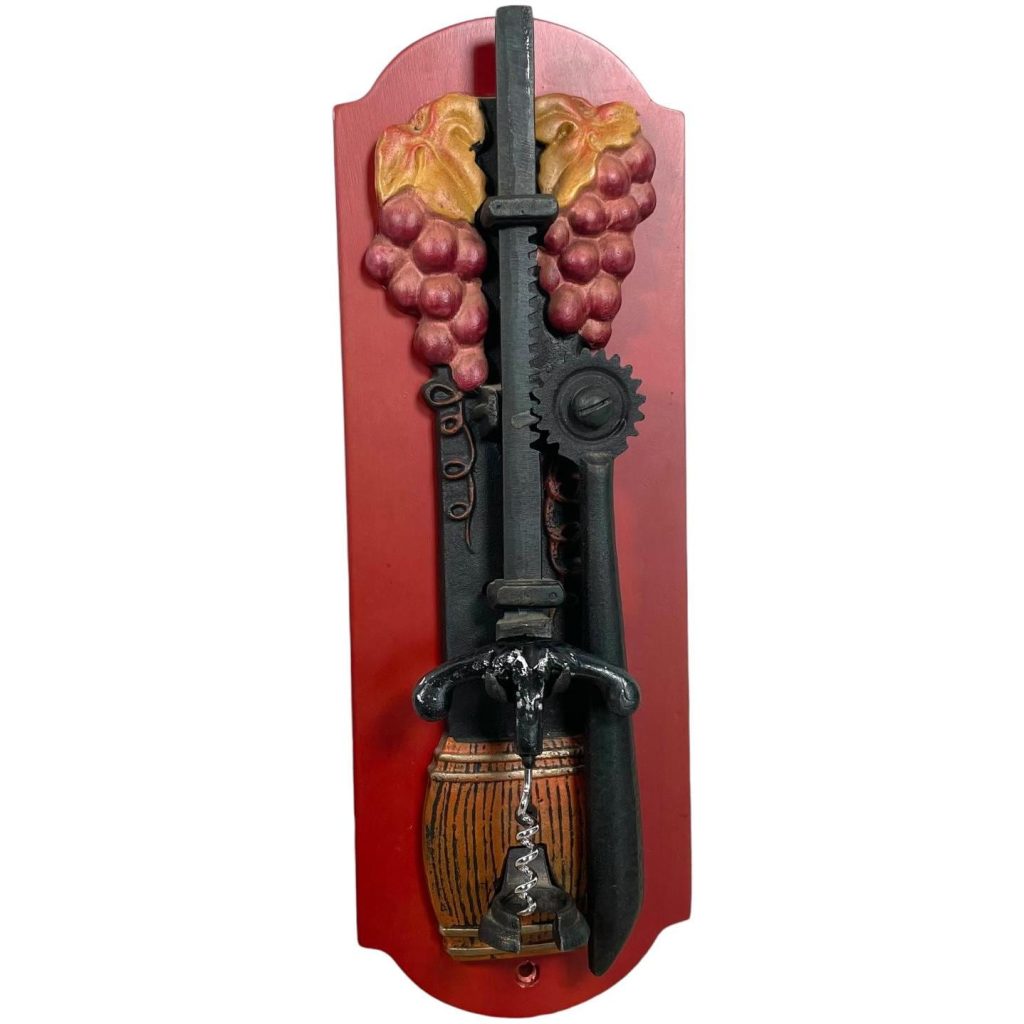 Vintage French Wall Mounted Metal Wooden Corkscrew Cork Puller Bottle Opener Bar Cafe Restaurant Decor circ 1990's