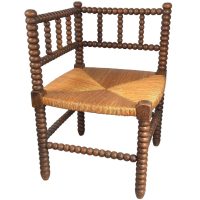 Corner Chair Vintage French Brown Wood Wooden Woven Strung Stool Display Stand Bobbin Leg circa 1940-50's / English Shop