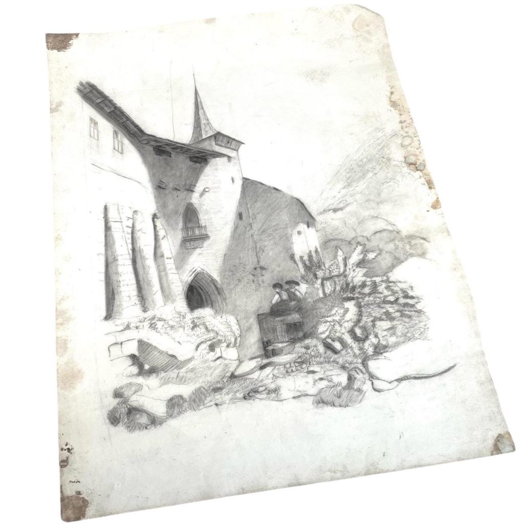 Antique French Pencil Charcoal Drawing Sketch Study Church Castle City Wall On Paper Art c1920's