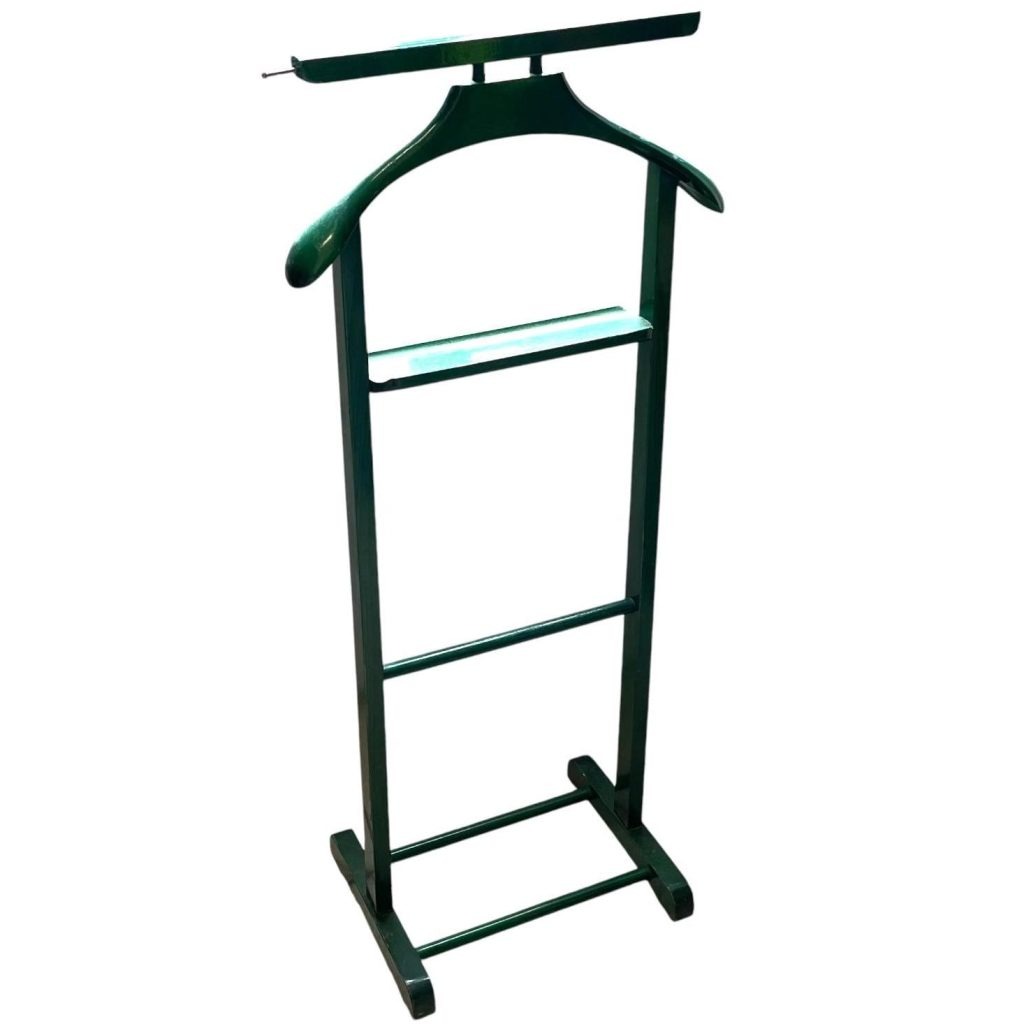 Vintage French Green Valet Butler Stand Wooden Clothes Hanger Suit Costume Bedroom Hotel Decor Storage B&B c1960-70's
