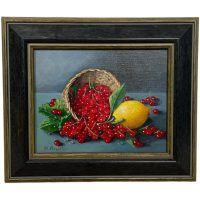 Vintage French Acrylic Painting Of Redcurrants Lemon Basket Wall Hanging Decor Display B Rousselon c1970's