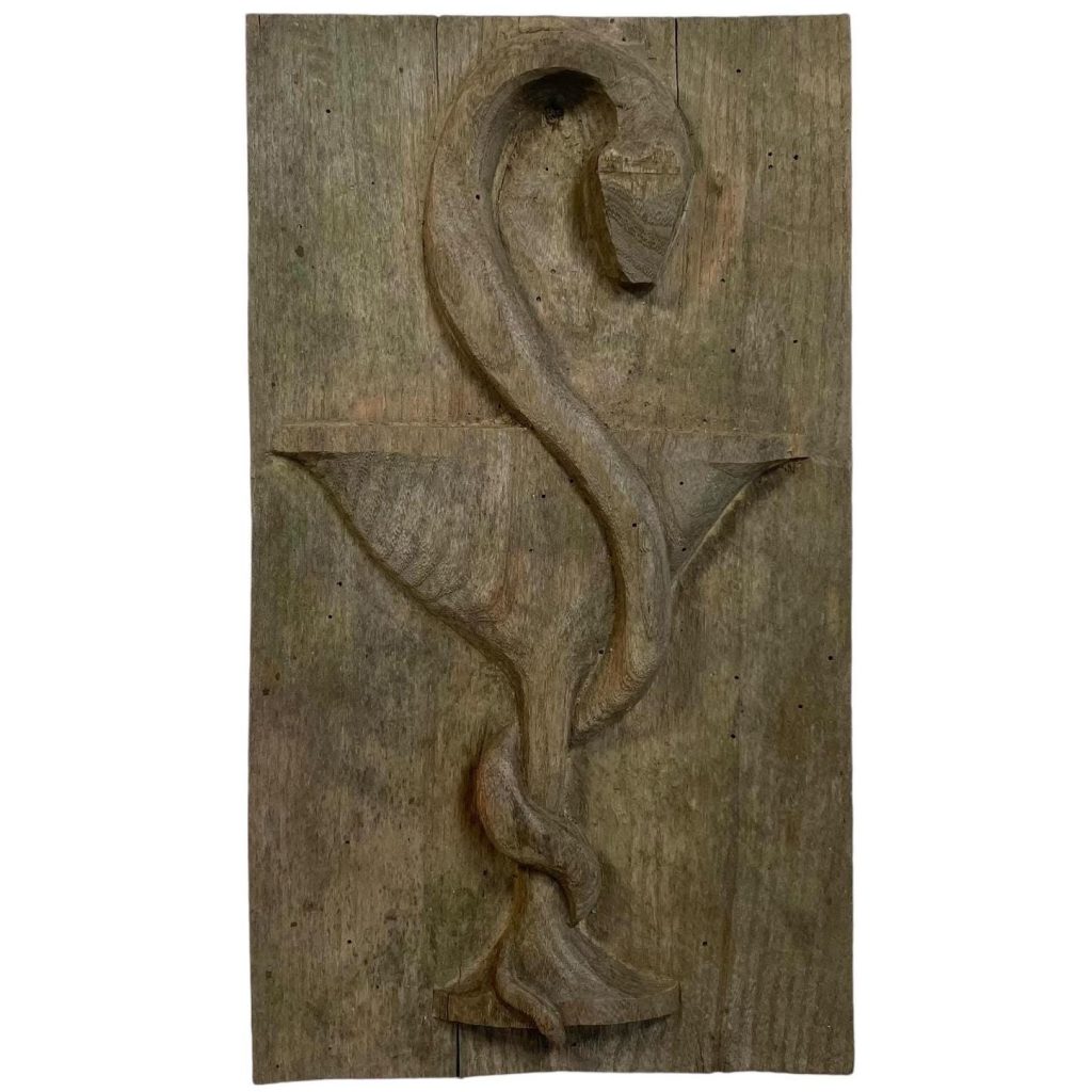Vintage French Wooden Carving Of Bowl of Hygieia Ancient Medical Healing Symbol Wall Plaque Decorative Panel Display Piece c1950-60's