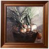 Vintage French Vegetable Framed Original Painting Onions Still Life On Canvas Signed Seor Donnier circa 1980's