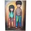 Vintage French Children Original Acrylic Painting "Siblings" Signed By Artist Agrurin Trey Painting On Canvas c1965