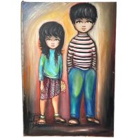 Vintage French Children Original Acrylic Painting "Siblings" Signed By Artist Agrurin Trey Painting On Canvas c1965