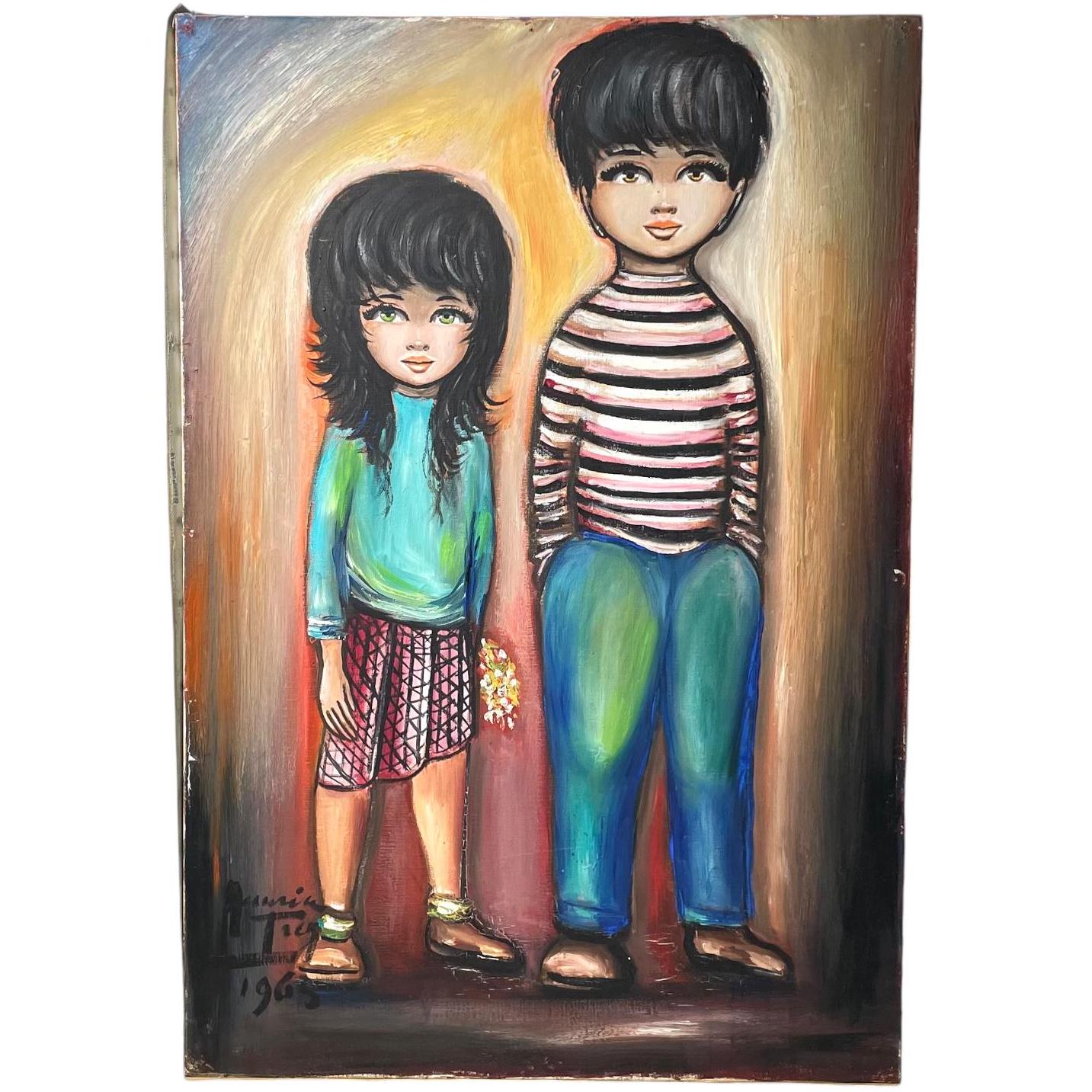 Vintage French Children Original Acrylic Painting “Siblings” Signed By Artist Agrurin Trey Painting On Canvas c1965 Vintage French Children Original Acrylic Painting "Siblings" Signed By Artist Agrurin Trey Painting On Canvas c1965