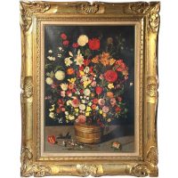 Vintage French Jean Brueghel Large Print On Canvas Bouquet De Fleurs Au Colimacon In Gold Wooden Frame circa 1960's