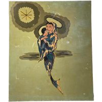 Vintage French Spanish Original Acrylic Painting Religious Angel Saint & Child Halo Painting On Canvas c1970's