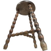 Vintage French Stool Chair Seat Wooden Milking Kitchen Round Shaped Seat Braced Bobbin Leg Plant Rest Stand Plinth Tabouret c1960's