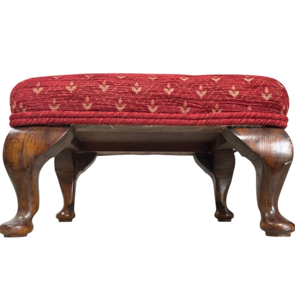 Vintage French Cushioned Bench Foot Stool Red Bergundy Cushion Padded Wooden Wood Chair Seat Side Footstool Prop Refurbished c1950's