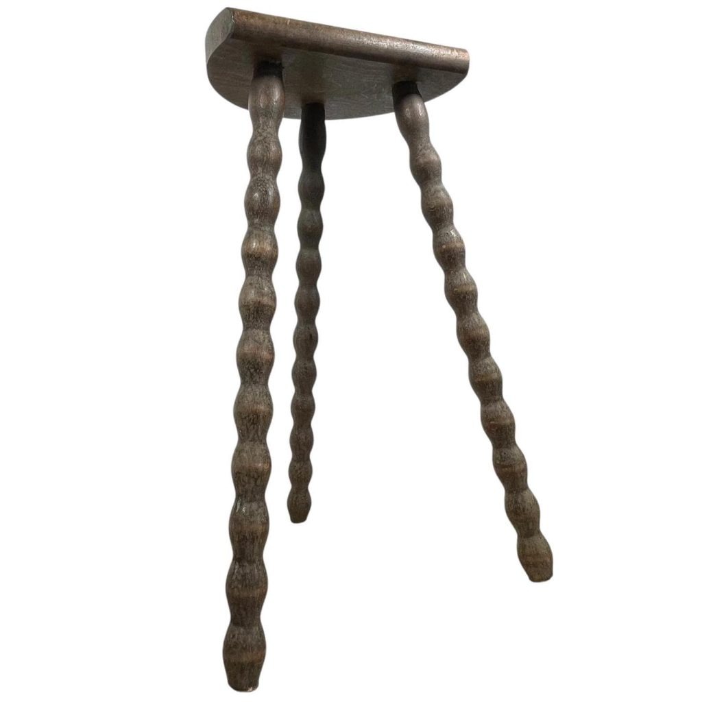 Vintage French Tall Wooden Bobbin Leg Milking Stool Chair Seat Table Farm D Shaped Seat Plant Rest Stand Plinth Tabouret c1960-70's