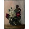 Vintage French Still Life Flowers Roses Figurine Oil Painting On Wood circa 1930-40's