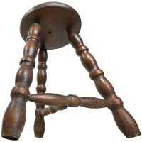 Vintage French Stool Chair Seat Wooden Milking Kitchen Round Shaped Seat Braced Bobbin Leg Plant Rest Stand Plinth Tabouret c1960's