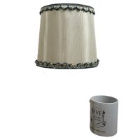 Alternative view of Vintage French Lampshade Fabric Canvas Beige Blue Small Desk Table Lamp Shade Material Fringe Design circa 1960-70's