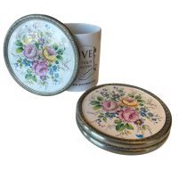 Alternative view of Vintage French Rose Flower Ceramic Set Of Three Small Coasters With Pewter Surround Trivets Stands Placemats Coaster circa 1970-80's