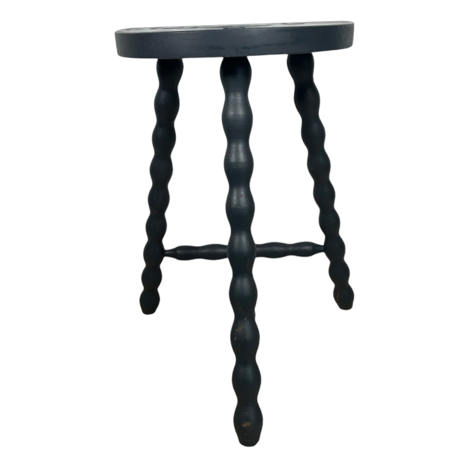 Vintage French Painted Black Tripod Stool Chair Seat Wooden Milking Kitchen D Shaped Seat Braced Bobbin Leg Stand Tabouret c1960-70’s 5 Vintage French Painted Black Tripod Stool Chair Seat Wooden Milking Kitchen D Shaped Seat Braced Bobbin Leg Stand Tabouret c1960-70's - Image 5