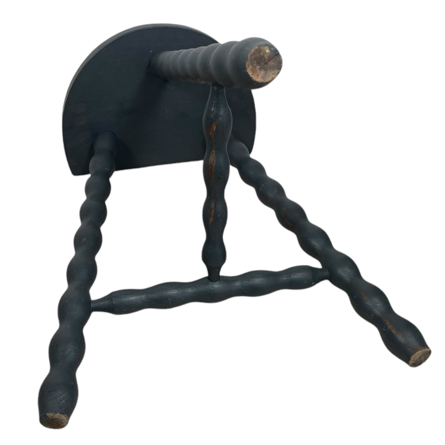 Vintage French Painted Black Tripod Stool Chair Seat Wooden Milking Kitchen D Shaped Seat Braced Bobbin Leg Stand Tabouret c1960-70’s 6 Vintage French Painted Black Tripod Stool Chair Seat Wooden Milking Kitchen D Shaped Seat Braced Bobbin Leg Stand Tabouret c1960-70's - Image 6