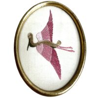 Vintage French Finely Embroidered Framed Pink Flamingo Bird Embroidery Needlecraft Art Artwork Curio Framed Wall Hanging circa 1950's