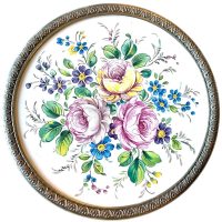 Vintage French Rose Flower Ceramic Set Of Three Small Coasters With Pewter Surround Trivets Stands Placemats Coaster circa 1970-80's