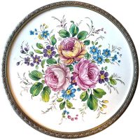 Vintage French Rose Flower Ceramic Set Of Two Medium Coasters With Pewter Surround Trivets Stands Placemats Coaster circa 1970-80's