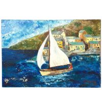 Vintage French Sea Sailing Dinghy Boat Harbour Oil Painting On Canvas Wall Decor Decoration DAMAGED c1973