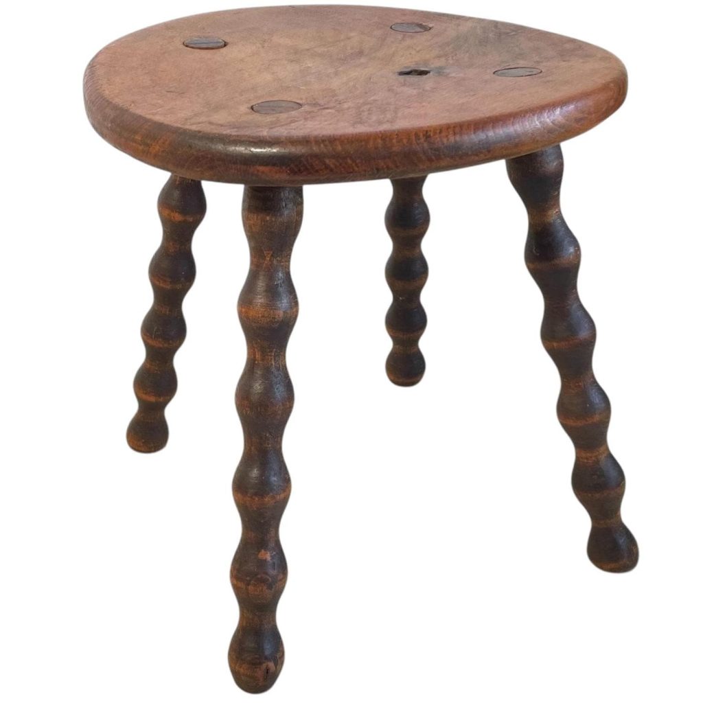 Vintage French Plant Stand Plinth Wooden Round Shaped Seat Bobbin Four Leg Tabouret c1950-60's