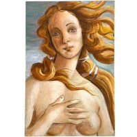 Vintage French La Naissance de Venus Botticelli Reproduction Acrylic Pencil Painting On Hardboard Decor Decoration Portrait c1980-90's