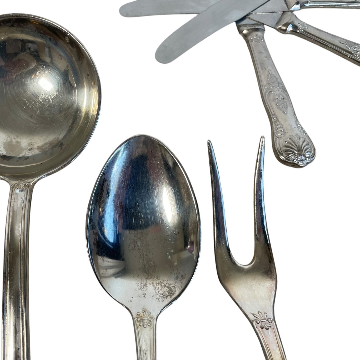 Vintage French Kings Queens Twelve Place Cutlery Set 12 Knifes Forks Spoons Teaspoons Ladle Cutlery Flatware Silverware c1970’s Vintage French Kings Queens Twelve Place Cutlery Set 12 Knifes Forks Spoons Teaspoons Ladle Cutlery Flatware Silverware c1970's