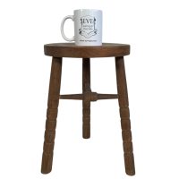 Alternative view of Vintage French Tripod Stool Chair Seat Wooden Milking Kitchen Round Seat Braced Bobbin Leg Rest Stand Plinth Tabouret c1960-70's