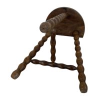 Alternative view of Vintage French Tripod Stool Chair Seat Wooden Milking Kitchen D Shaped Seat Braced Bobbin Leg Rest Stand Plinth Tabouret c1960-70's