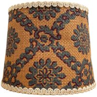 Vintage French Brown Green Small Lampshade Desk Bedside Lamp Shade Material Fringed Hessian Design circa 1970's