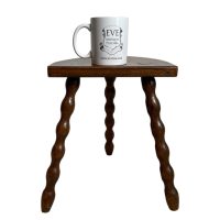 Alternative view of Vintage French Tripod Stool Chair Seat Varnished Wood Milking D Shaped Seat Bobbin Leg Rest Stand Plinth Tabouret c1960-70's
