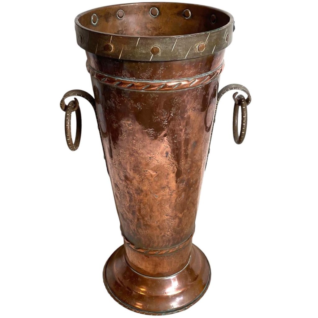 Vintage French Copper Brass Metal Umbrella Walking Stick Stand Storage Pot Container Hallway Entryway circa 1950-60's