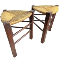 Vintage French Woven Raffia Topped Triangular Shaped Tripod Stool Chair Seat Wooden Seat Braced Leg Rest Stand Plinth Tabouret c1950’s Vintage French Woven Raffia Topped Triangular Shaped Tripod Stool Chair Seat Wooden Seat Braced Leg Rest Stand Plinth Tabouret c1950's