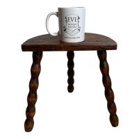 Alternative view of Vintage French Tripod Stool Chair Seat Varnished Wood Milking D Shaped Seat Bobbin Leg Rest Stand Plinth Tabouret Farmhouse c1960-70's