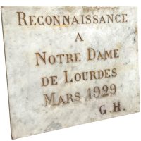 Antique French Original Church Cathedral Stone Plaque Reconnaissance A Notre Dame De Lourdes Mars 1929 G.H. Catholic Sign c1929