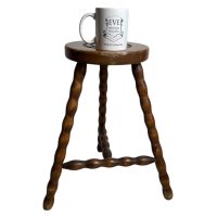 Alternative view of Vintage French Milking Stool Wooden Bobbin Leg Braced Round Shaped Seat Step Stand Table Rustic Rural Tabouret Farmhouse c1950-60's