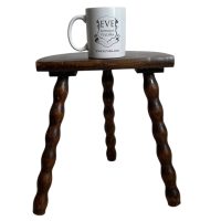 Alternative view of Vintage French Tripod Plinth Stand Table Varnished Wood D Shaped Top Bobbin Leg Rest Tabouret Farmhouse c1970's