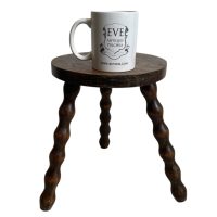 Alternative view of Vintage French Tripod Plinth Stand Table Varnished Wood Round Shaped Top Bobbin Leg Rest Tabouret Farmhouse c1960-70's
