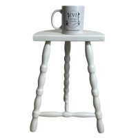 Alternative view of Vintage French Painted White Tripod Braced Plinth Stand Table Varnished Wood D Shaped Top Bobbin Leg Rest Tabouret Farmhouse c1970's