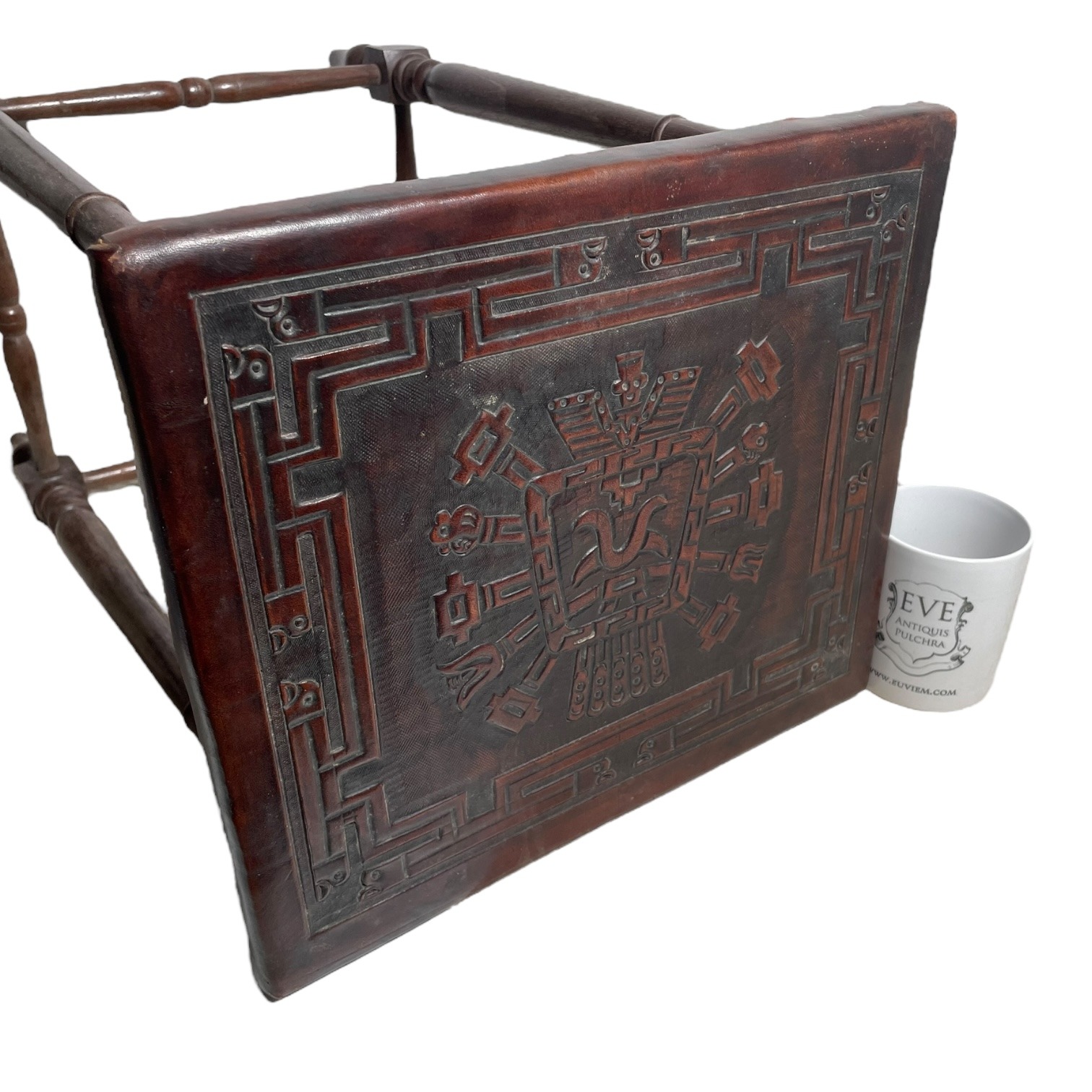 Vintage French Small Thick Leather Embossed Topped Inca Mayan Inspired Table Stand Varnished Wood Tabouret c1970-80’s 3 Vintage French Small Thick Leather Embossed Topped Inca Mayan Inspired Table Stand Varnished Wood Tabouret c1970-80's - Image 3