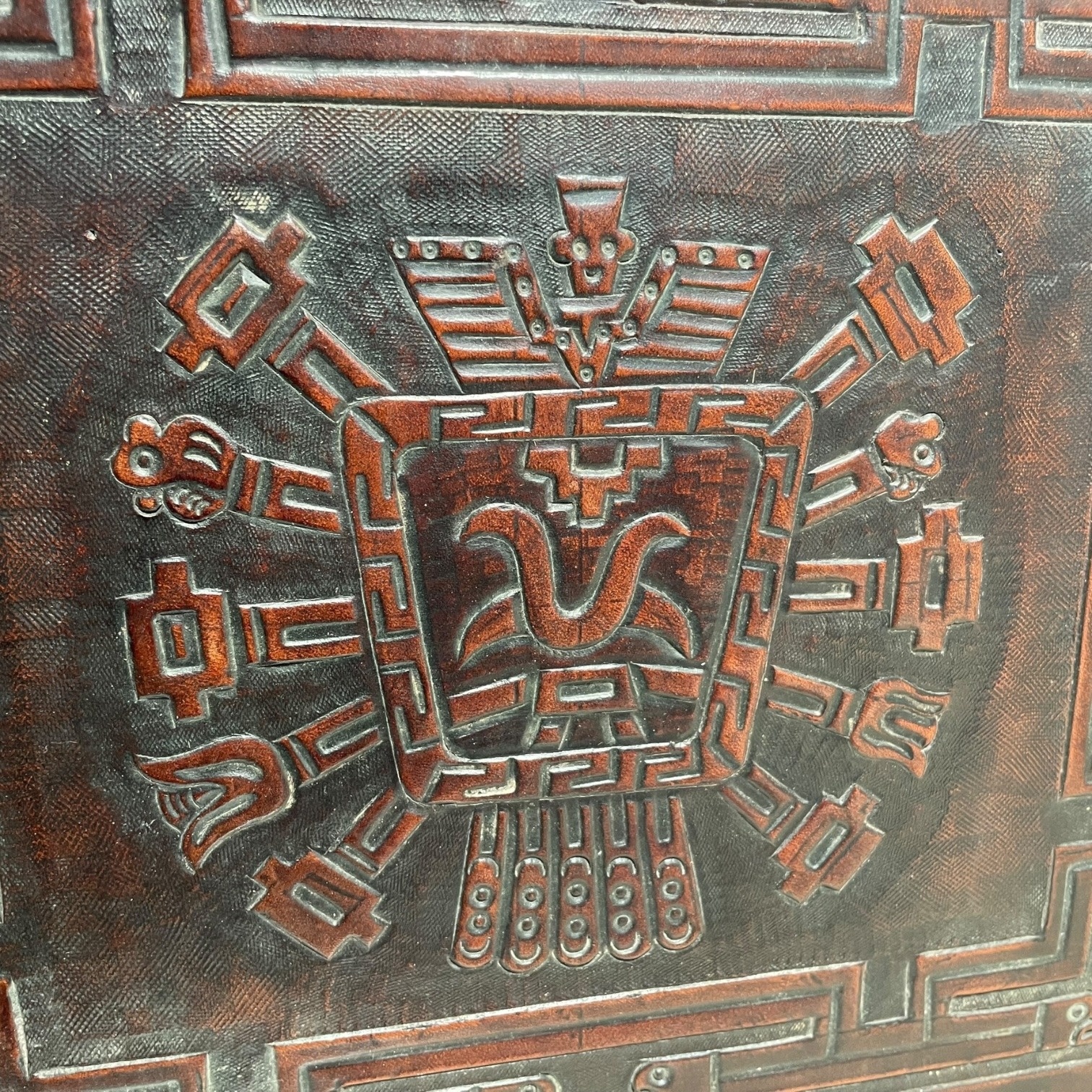 Vintage French Small Thick Leather Embossed Topped Inca Mayan Inspired Table Stand Varnished Wood Tabouret c1970-80’s 4 Vintage French Small Thick Leather Embossed Topped Inca Mayan Inspired Table Stand Varnished Wood Tabouret c1970-80's - Image 4