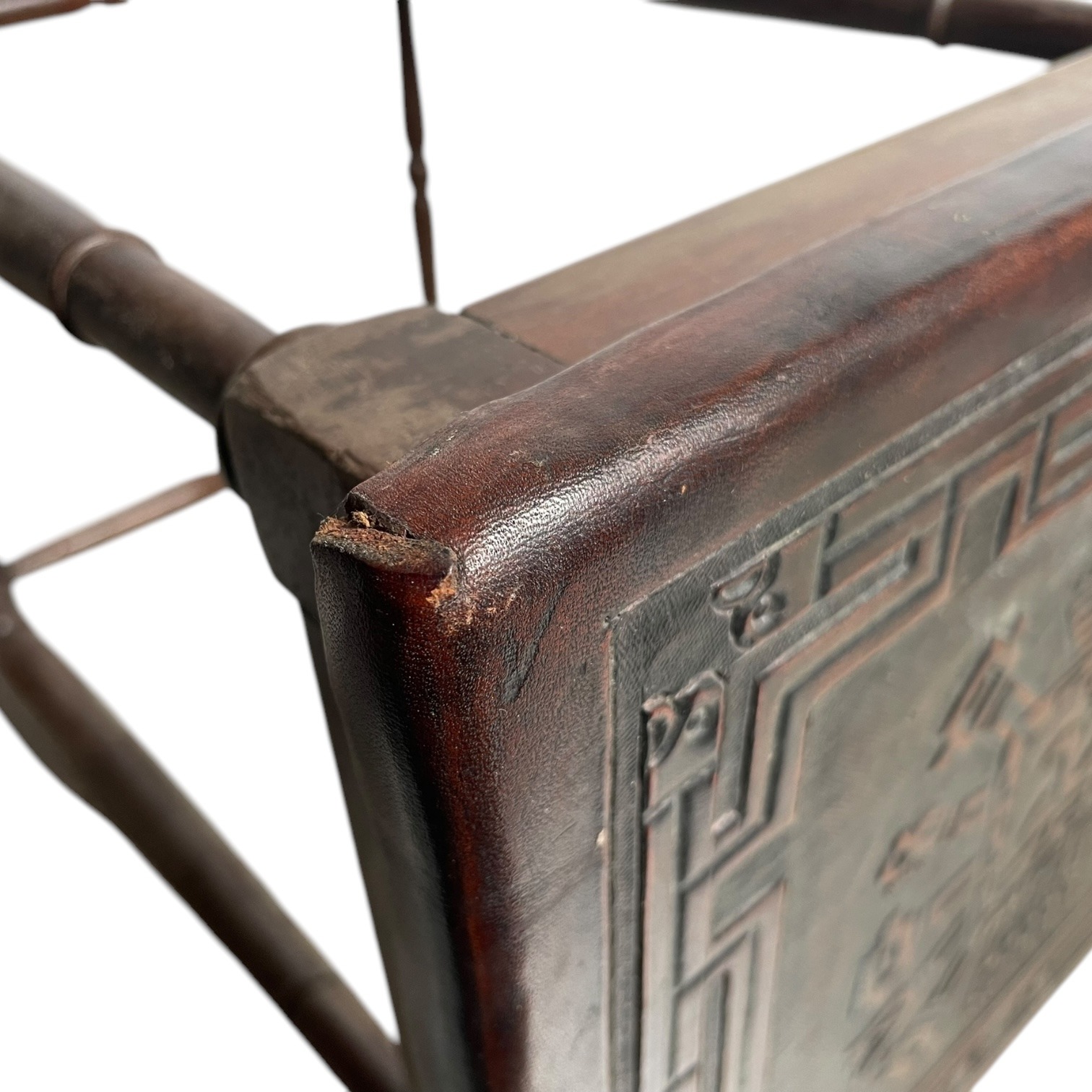 Vintage French Small Thick Leather Embossed Topped Inca Mayan Inspired Table Stand Varnished Wood Tabouret c1970-80’s 5 Vintage French Small Thick Leather Embossed Topped Inca Mayan Inspired Table Stand Varnished Wood Tabouret c1970-80's - Image 5