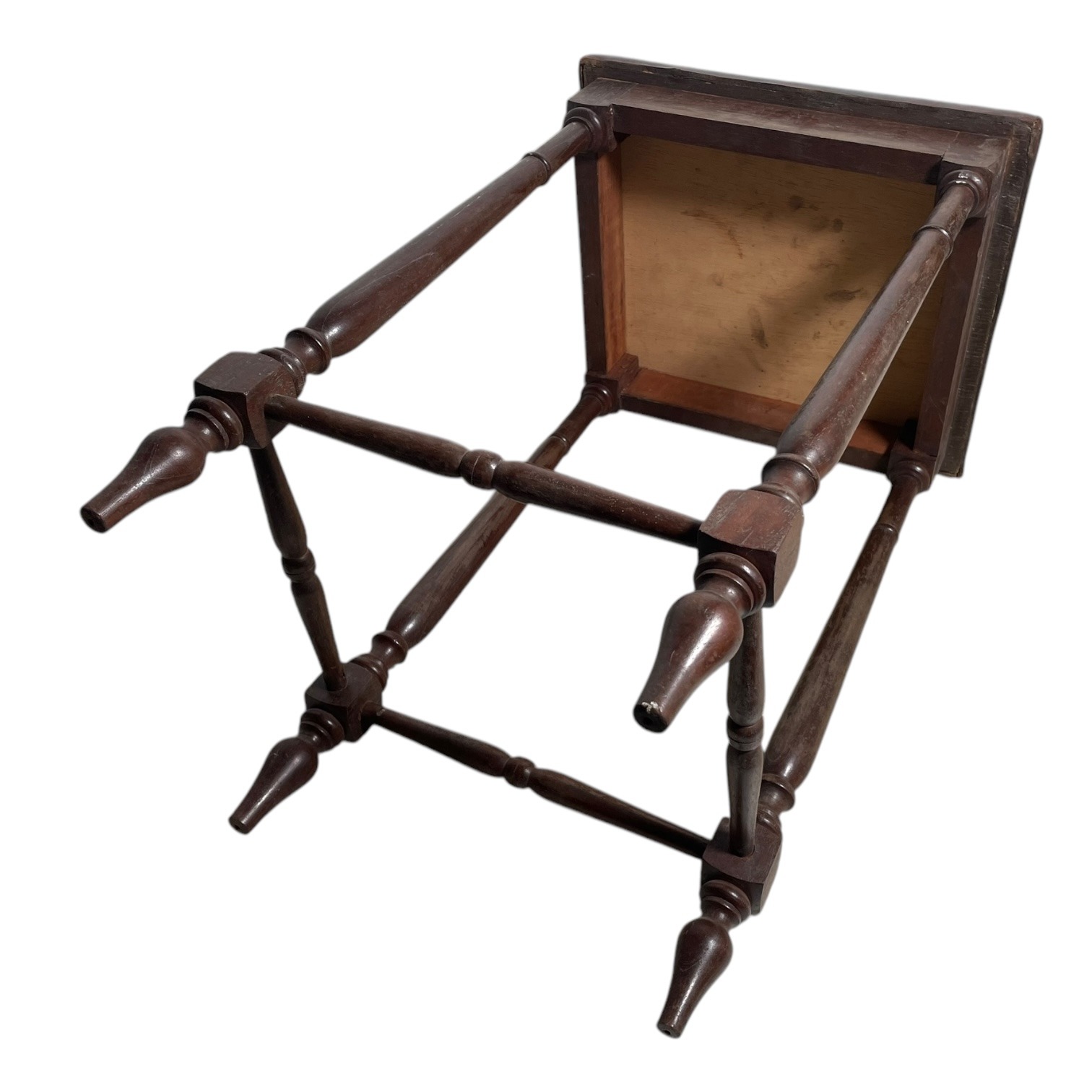 Vintage French Small Thick Leather Embossed Topped Inca Mayan Inspired Table Stand Varnished Wood Tabouret c1970-80’s 6 Vintage French Small Thick Leather Embossed Topped Inca Mayan Inspired Table Stand Varnished Wood Tabouret c1970-80's - Image 6