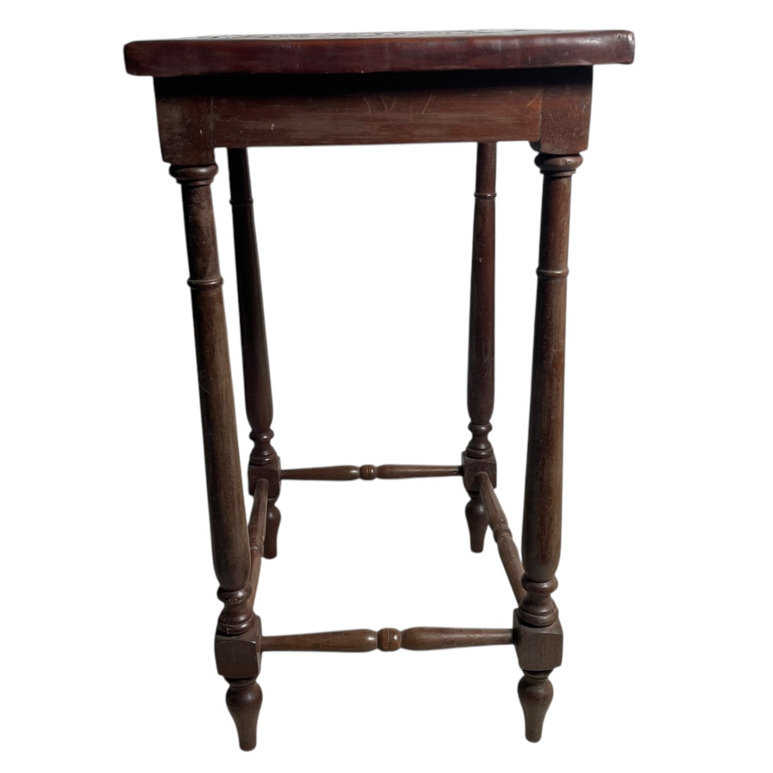 Vintage French Small Thick Leather Embossed Topped Inca Mayan Inspired Table Stand Varnished Wood Tabouret c1970-80’s 7 Vintage French Small Thick Leather Embossed Topped Inca Mayan Inspired Table Stand Varnished Wood Tabouret c1970-80's - Image 7