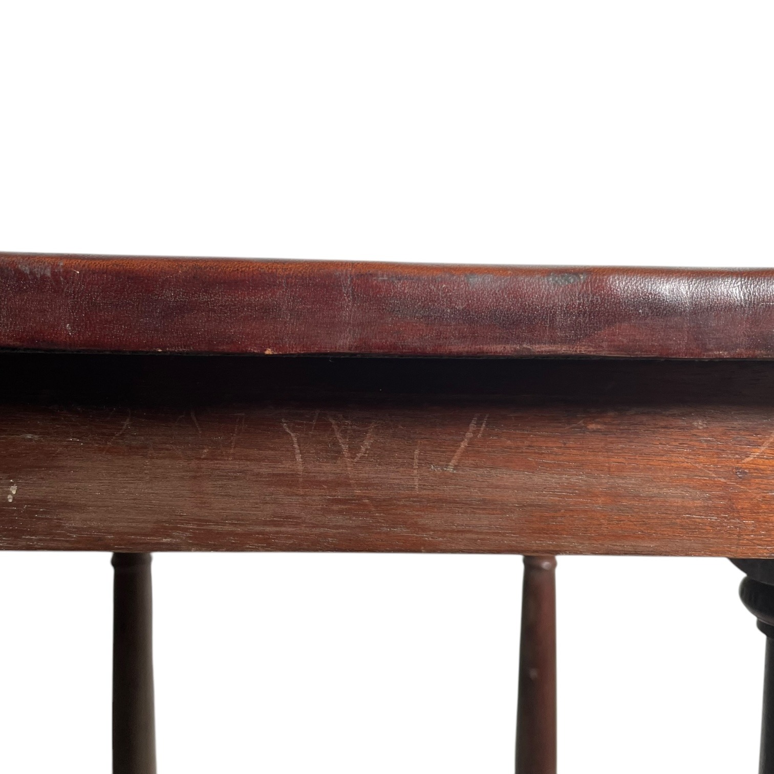 Vintage French Small Thick Leather Embossed Topped Inca Mayan Inspired Table Stand Varnished Wood Tabouret c1970-80’s 8 Vintage French Small Thick Leather Embossed Topped Inca Mayan Inspired Table Stand Varnished Wood Tabouret c1970-80's - Image 8
